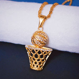 Collar con colgante de baloncesto chapado en oro amarillo macizo sobre plata, con incrustaciones, estilo hip hop, joyería deportiva con cuerda y red de baloncesto - Product Image 4