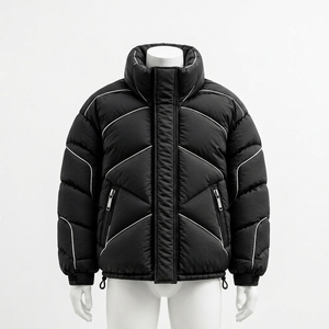 Veste d'hiver pour homme en duvet noir avec surpiqûres réfléchissantes, col montant, fermeture éclair intégrale, veste d'extérieur isolée - Product Image 1