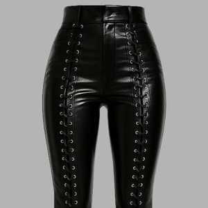 Genuine PU Leather Straight Pants High Waisted <b>Bell</b> Bottoms <b>Winter</b> Painted Street Style - Product Image 4