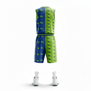 Conjunto de Uniforme de Baloncesto Geométrico Verde y Azul Personalizado, Sin Mangas, Transpirable, Ropa Deportiva para Adultos Hombres, Todas las Temporadas - Product Image 3