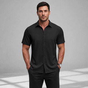 Men's Black Solid Twill Knitted <b>Short</b> <b>Sleeve</b> <b>Button</b> <b>up</b> Collar Casual T-Shirt Breathable Polyester/Cotton Summer Wear - Product Image 1