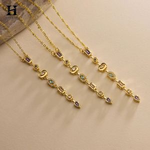 Collar de lujo con colgante geométrico de múltiples gemas, engaste de diamantes en bisel de oro de 14K, barra vertical tipo lariat para mujer. - Product Image 5