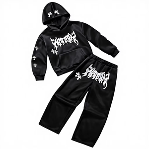 Conjunto de Sudadera con Capucha y Pantalones Deportivos de Pierna Recta con Estampado de Grafiti Gótico de Invierno para Adultos Unisex, con Bolsillos Laterales y Cierre de Cremallera, Ligero - Product Image 1