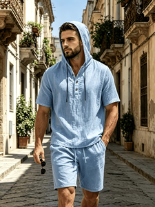 Men's Cotton Hooded Short Sleeve Shirt Set Solid Casual Summer Breathable Woven Quick Dry 120g 2pcs Customized Brand - Product Image 2