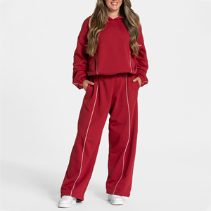 Women's OEM Custom Cherry <b>Oversized</b> Hooded Tracksuit Set Loose Fit Full Length <b>Sweatpants</b> With Side Pockets Casual Autumn Wear - Product Image 1