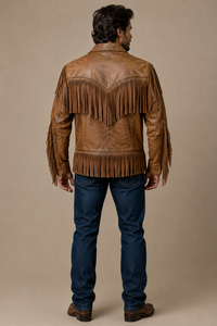 Men's Genuine Leather Eco-Friendly Windproof Western Fringe Jacket Distressed <b>Tan</b> <b>Brown</b> Cowboy Style Zipper Custom Logo OEM ODM - Product Image 2