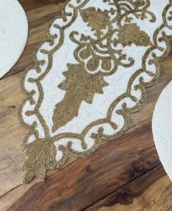 Embroidered Table <b>Runner</b> Floral Pattern Classic Style Beige Gold Home Decor <b>Washable</b> Hand Wash - Product Image 3
