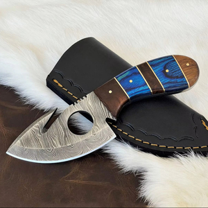 Cuchillo de acero de Damasco de hoja fija con gancho para desollar, mango de madera de espiga completa, para caza industrial, desollado, camping y actividades al aire libre, ODM/OEM, con funda - Product Image 1