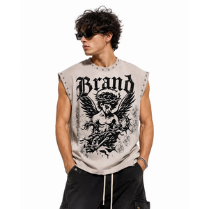 Débardeur Homme Personnalisé Style Punk avec Imprimé Graphique Ange Ailé, Décoration à Rivets, Col Rond, 100% Coton - Product Image 3