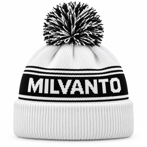 Bonnet en tricot côtelé blanc personnalisé avec logo brodé et pompon, style streetwear, pour hommes et femmes - Product Image 1