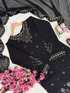 Conjunto indio-pakistaní negro bordado, vestido de manga larga con capa transparente, traje Salwar Kameez para fiesta o boda - Product Image 5