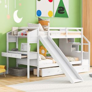 Letto a Castello Bianco con Cassetti Portaoggetti, Scala, Scivolo e Scrivania con Cassetti e Mensole per Bambini - Product Image 1