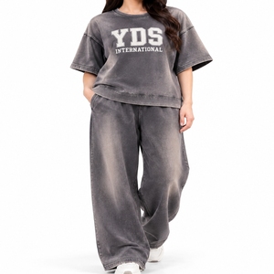 Ensemble T-shirt et pantalon large pour femme, en coton lavé, coupe oversize, manches courtes, décontracté, pour toutes les saisons - Product Image 1