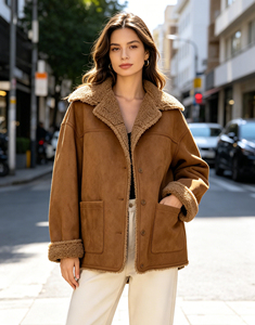 <b>Men's</b> Brown Genuine <b>Leather</b> Shearling <b>Coat</b> Fur Collar Zipper Winter Jacket - Product Image 3