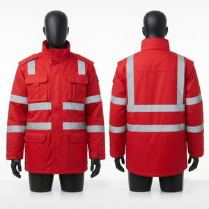 Premium 300 GSM Polyester Cotton Canvas Hooded <b>Waterproof</b> Breathable High Visibility <b>Red</b> Reflective Leather <b>Jacket</b> Custom - Product Image 1