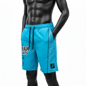 กางเกงว่ายน้ำโพลีเอสเตอร์คุณภาพสูง 140 GSM แห้งเร็ว สีเทอร์ควอยซ์ แต่งแถบข้างสีดำ พร้อมโลโก้แบบรีดร้อน สำหรับใส่ชายหาด ผู้ชาย - Product Image 3