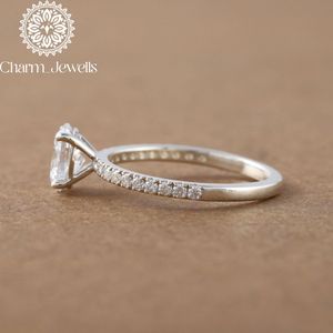 Charm_Jewells Women's <b>Oval</b> Cut <b>Moissanite</b> <b>Engagement</b> <b>Ring</b> 18K Gold Rhodium Plated Prong Setting Classic Style - Product Image 2
