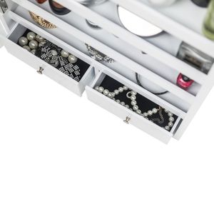 Mensola a Muro in Legno Bianca a 4 Ripiani con 2 Cassetti e Specchio Completo, 8 Luci LED Blu, Armadietto Portagioie con Specchio - Product Image 4