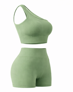 Ensemble de sport sans couture pour femme, haut court côtelé à une épaule et short taille haute, pour yoga, gym, fitness, athleisure et tenue active - Product Image 5