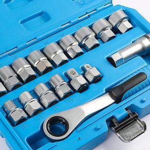Set Soket 17 Buah 10mm hingga 24mm Chrome Vanadium 12 Titik dengan Ratchet Reversibel dan Batang Ekstensi yang Cocok - Product Image 3