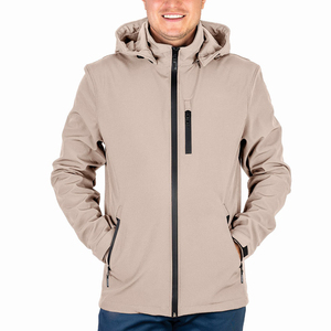 Men's Beige Hooded Windproof Softshell <b>Jacket</b> With <b>Zipper</b> Closure Casual Autumn Wear - Product Image 1
