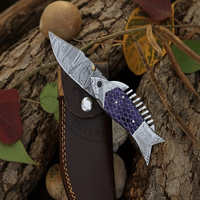 Damast-Klappmesser mit Fischdesign, handgefertigt aus Damaststahl, Harzgriff, OEM anpassbar, Camping, Drop-Point, 3 Jahre Garantie