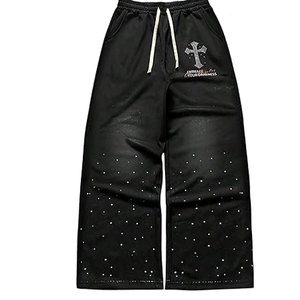 <b>Men</b> <b>Black</b> Wide Leg Pants Elastic Waist Drawstring Casual Streetwear Crystal Rhinestone Decorated Breathable Midweight Knitted Pa - Product Image 1