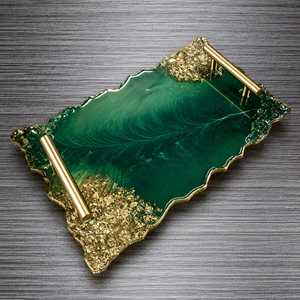 Luxury Green Resin Decorative Serving Tray with Gold Handles Handmade Epoxy Vanity Tray for Home Decor - Product Image 1