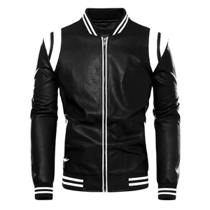 Chaquetas de motorista de cuero de Color negro con cuello alto informal para hombre, chaqueta de cuero informal de PU con bolsillos exteriores con cremallera, OEM personalizado - Product Image 6