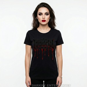T-shirt graphique personnalisé en métal lourd pour femme, imprimé goutte de sang noir, lettrage gothique, en coton, fabricant de vêtements streetwear - Product Image 1