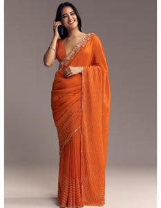 KV Women's <b>Orange</b> Organza Embellished Designer <b>Saree</b> with Unstitched Blouse - Product Image 6