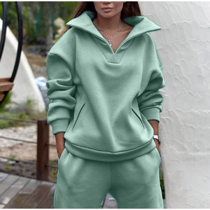 Ensemble de survêtement personnalisé à fermeture éclair, design tendance, avec passepoil cousu, deux pièces, comprenant un sweat à capuche cagoule et un pantalon de survêtement, pour femme - Product Image 5