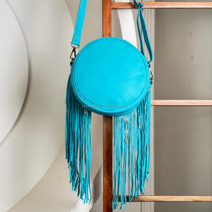 New Arrivals Turquoise Round Fringe Western charm and modern boho style Genuine Cowhide Leather Crossbody Casual Handbags - Product Image 5