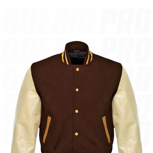 Blouson bomber varsity marron et crème pour homme, avec corps en mélange de laine, manches en cuir contrastant, boutons-pression et bordures côtelées rayées. - Product Image 3