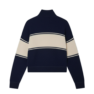 Men's <b>Navy</b> Beige Color Block Quarter Zip Knit Sweater Stand Collar Regular Fit Sweatshirt - Product Image 2