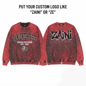 <b>Men</b> Acid Wash <b>Sweatshirt</b> 350 GSM 100% Cotton Fleece Custom Screen Print Front Logo Heavyweight <b>Red</b> Black Streetwear Pullover Top - Product Image 1