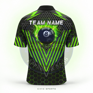 Camiseta Polo de Billar Personalizada para Hombre, Manga Corta, Cuello con Cremallera, Color Negro y Verde, Jersey Deportivo, Tela 100% Poliéster, Uniforme - Product Image 4