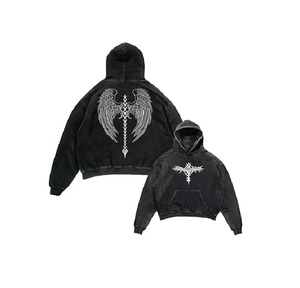 Sudadera con capucha oversize con estampado gráfico gótico de calavera y alas, estilo grunge, con lavado ácido, de ajuste casual - Product Image 1