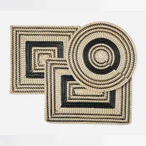 OEM/ODM Custom Design Bohemian Style Eco-Friendly Seagrass <b>Placemats</b> Set in Square Shapes Black Natural Woven Heat Resistant - Product Image 5