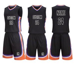 Ensemble d'uniformes de basketball noir, violet et orange, maillot et short sublimés personnalisés, débardeur à col en V, nom et numéro du joueur, vêtements de sport - Product Image 1