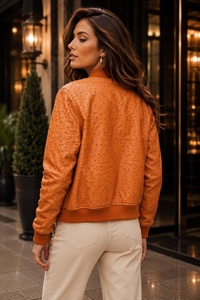 Blouson aviateur en cuir véritable gaufré motif autruche orange pour femme, manches longues, fermeture éclair, col montant, style automne - Product Image 2