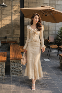 Beige Cotton-<b>Linen</b> Ruffled V-Neck Two-Piece Set | Long Sleeve Peplum <b>Top</b> Tiered Maxi Skirt Modern Breathable Natural Party Wear - Product Image 2