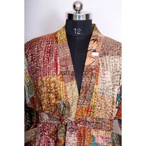 Indian Handmade Bohemian Silk Patchwork Kantha <b>Kimono</b> Robe <b>Women</b> Elegant Summer Beachwear Sleepwear Breathable Belt Tie Front - Product Image 3