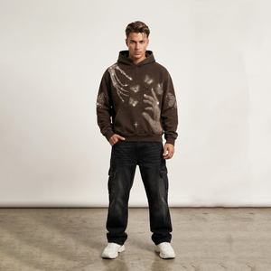Sweat-shirt à capuche marron délavé personnalisé avec imprimé squelette main papillon en strass, fermeture éclair, style streetwear oversize, commande en gros - Product Image 5