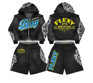 Survêtements personnalisés pour hommes, style streetwear, 100% coton, ensemble 2 pièces : short et sweat à capuche court, effet délavé à l'acide, ensembles sportifs cadeaux - Product Image 1