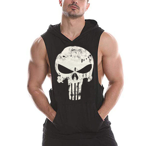 Men's Skull Print Sleeveless Hoodie Gym <b>Stringer</b> Tank Top Bodybuilding Workout <b>Vest</b> with Pocket Multi-Color Wholesale OEM - Product Image 2