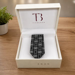 Corbata de Seda Geométrica Blanca y Negra Premium para Hombre |   Corbata de Diseño de Lujo Formal |   Ropa de Negocios y de Boda Estilo Exportación India 2026 - Product Image 3