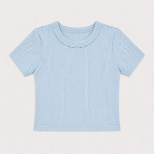 Camiseta de algodón acanalado con cuello redondo para niñas, manga corta, ajuste casual, suave, elástica, transpirable, para verano, color liso - Product Image 3