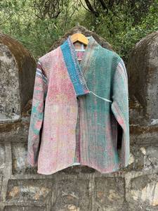 Chaqueta Kimono Larga de Algodón Kantha para Mujer, Cosida a Mano, Reversible, Estilo Boho Étnico, Ligera, Acolchada, Estilo Duster, Abierta por Delante - Product Image 1