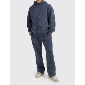 Ensemble de survêtement pour homme en coton délavé à l'acide, comprenant un sweat à capuche et un pantalon de jogging, style streetwear délavé au soleil, avec logo personnalisé, fabricant OEM - Product Image 1